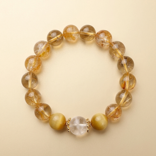 Golden Elixir — Natural Brazil Citrine Snow Phantom Yellow Hematoid & Tiger's Eye Bracelet for Money & Abundance | Auric Healing