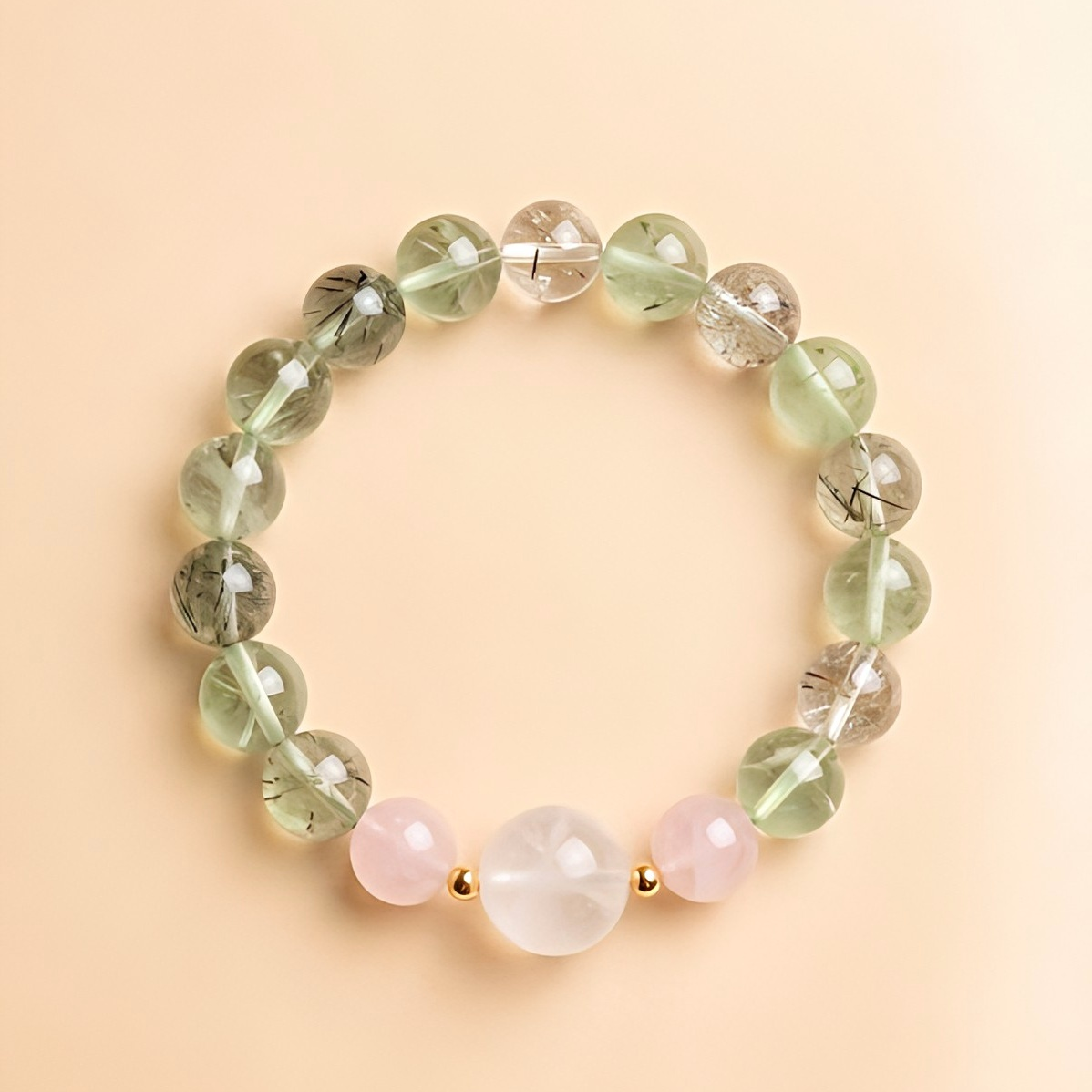 Spring Glow — Natural Green Phantom Rose Quartz Snow Phantom & Green Rutilated Quartz Bracelet for Anxiety Relief | Auric Healing